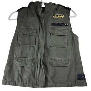 BDG Olive Green Hooded Vest Military Utility Style S Distressed Details